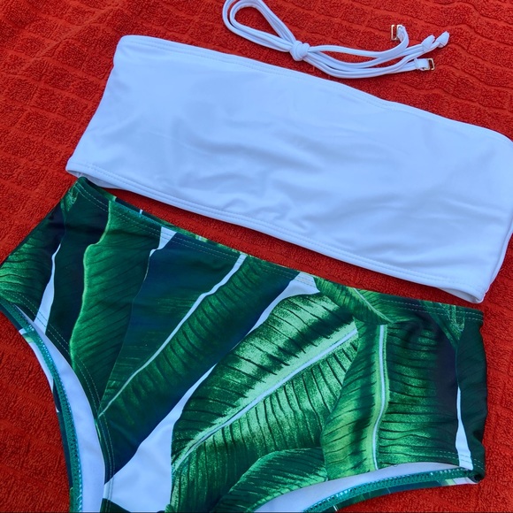 White Green Palm Strapless Bikini Small - Picture 2 of 4